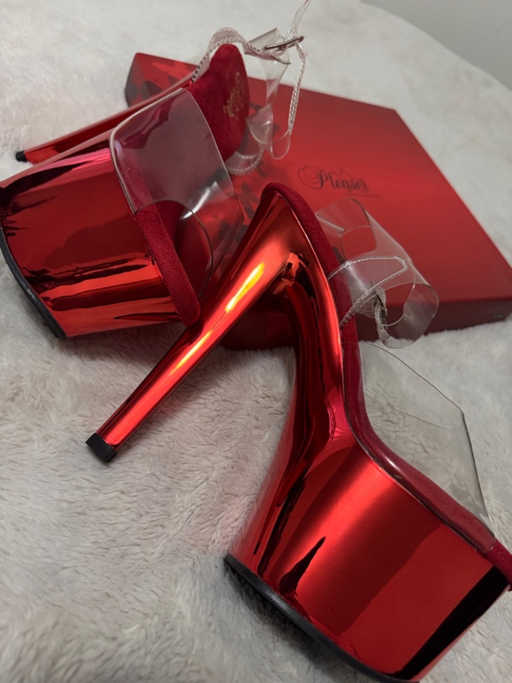 Pleaser Metallic Red Platform Stiletto Heels with Clear Straps